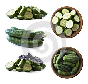 Sliced cucumber isolated on white. Cucumbers with oregano leaf with copy space for text. ÃÂ¡ucumber slices isolated on white